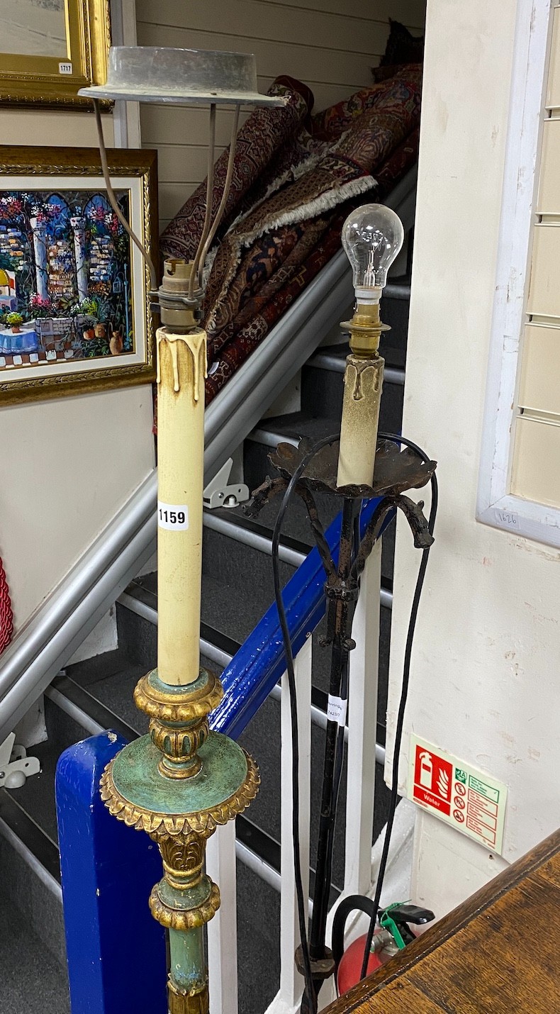 A Victorian style green painted parcel gilt lamp standard together with a wrought iron standard lamp, larger height 156cm